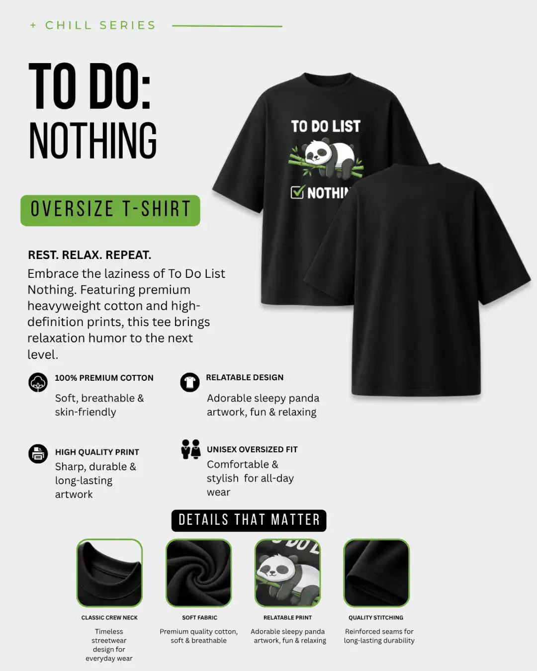 To Do List Nothing Cute Panda Graphic Oversized T-Shirt