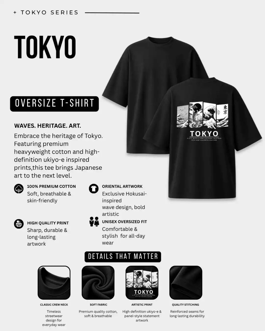 Tokyo Ukiyo-e Hokusai Wave Panel Graphic Oversized T-Shirt
