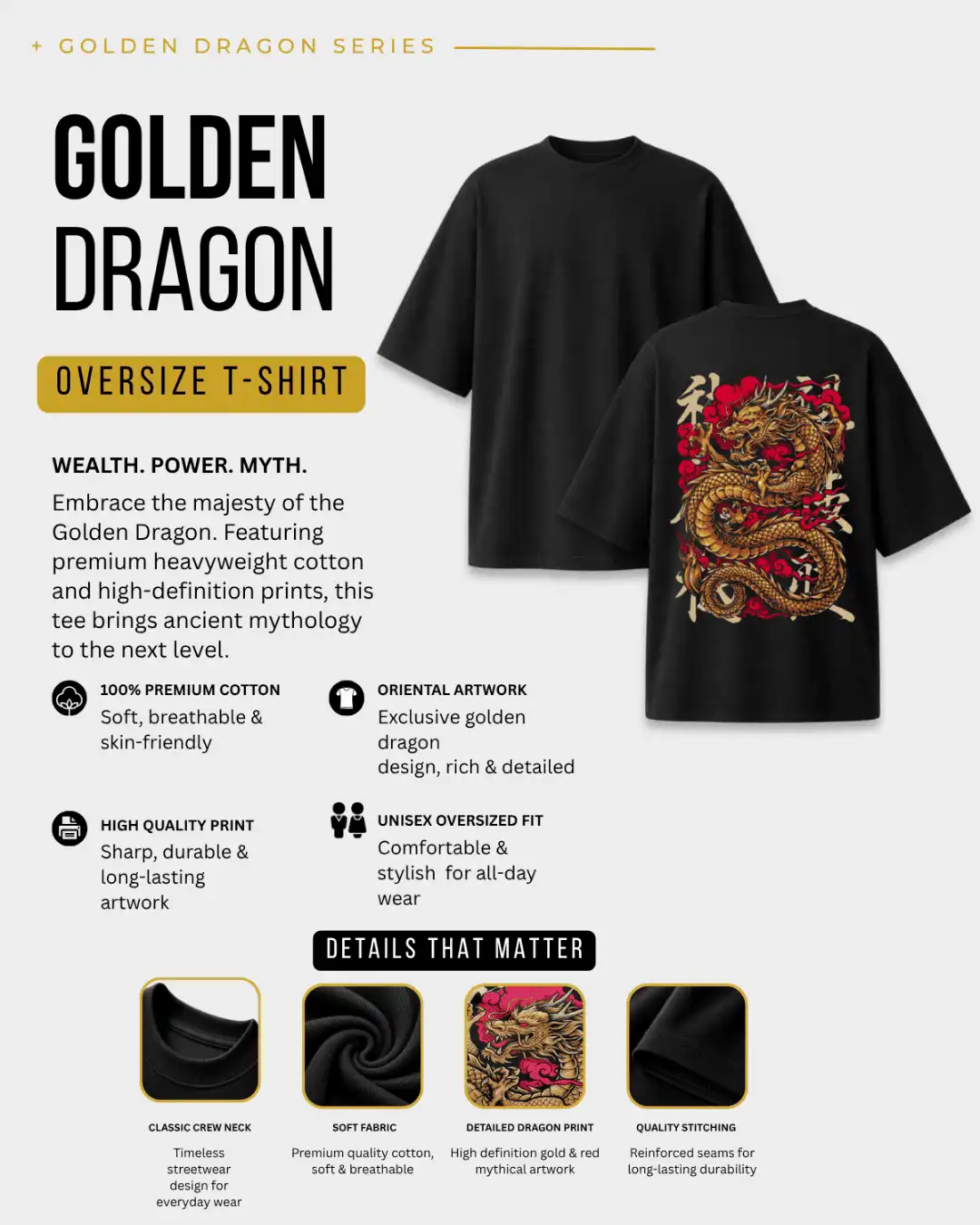 Golden Dragon Oriental Artwork Oversized T-Shirt