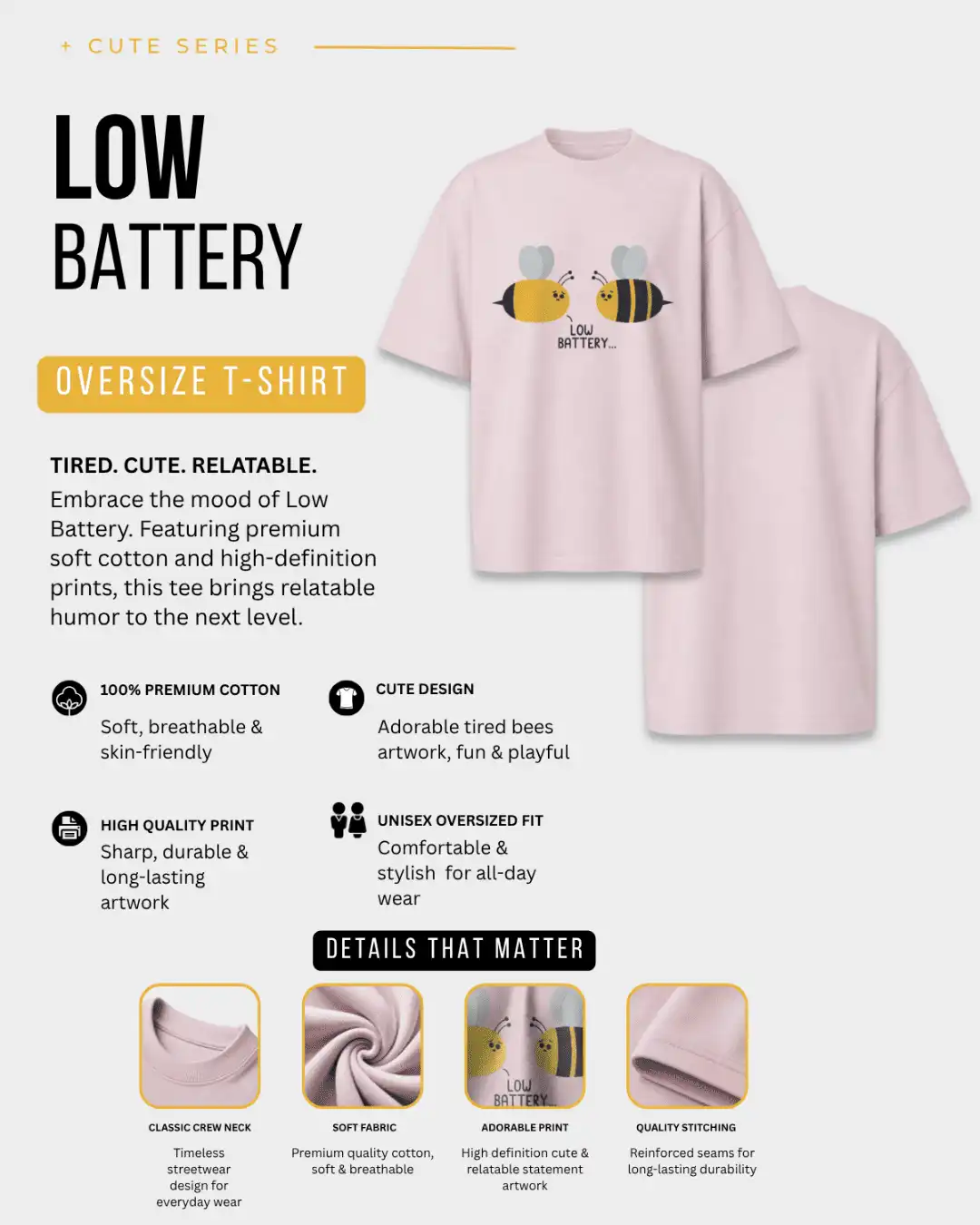 Low Battery Cute Tired Bees Graphic Oversized T-Shirt