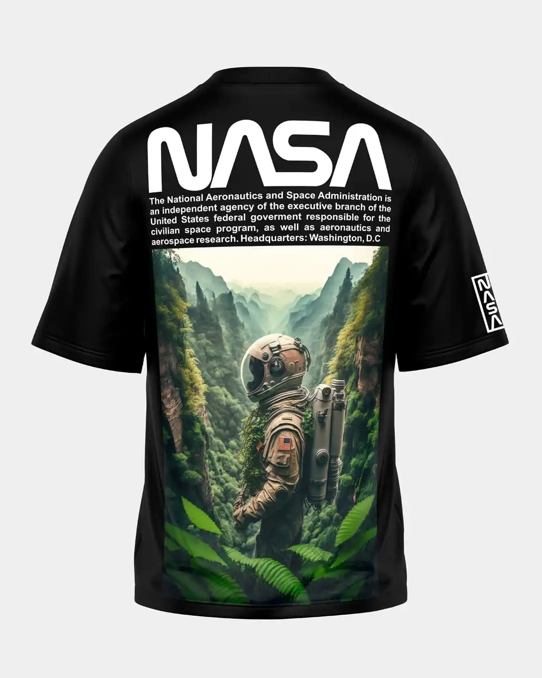 NASA Astronaut Jungle Canyon Graphic Black T-Shirt