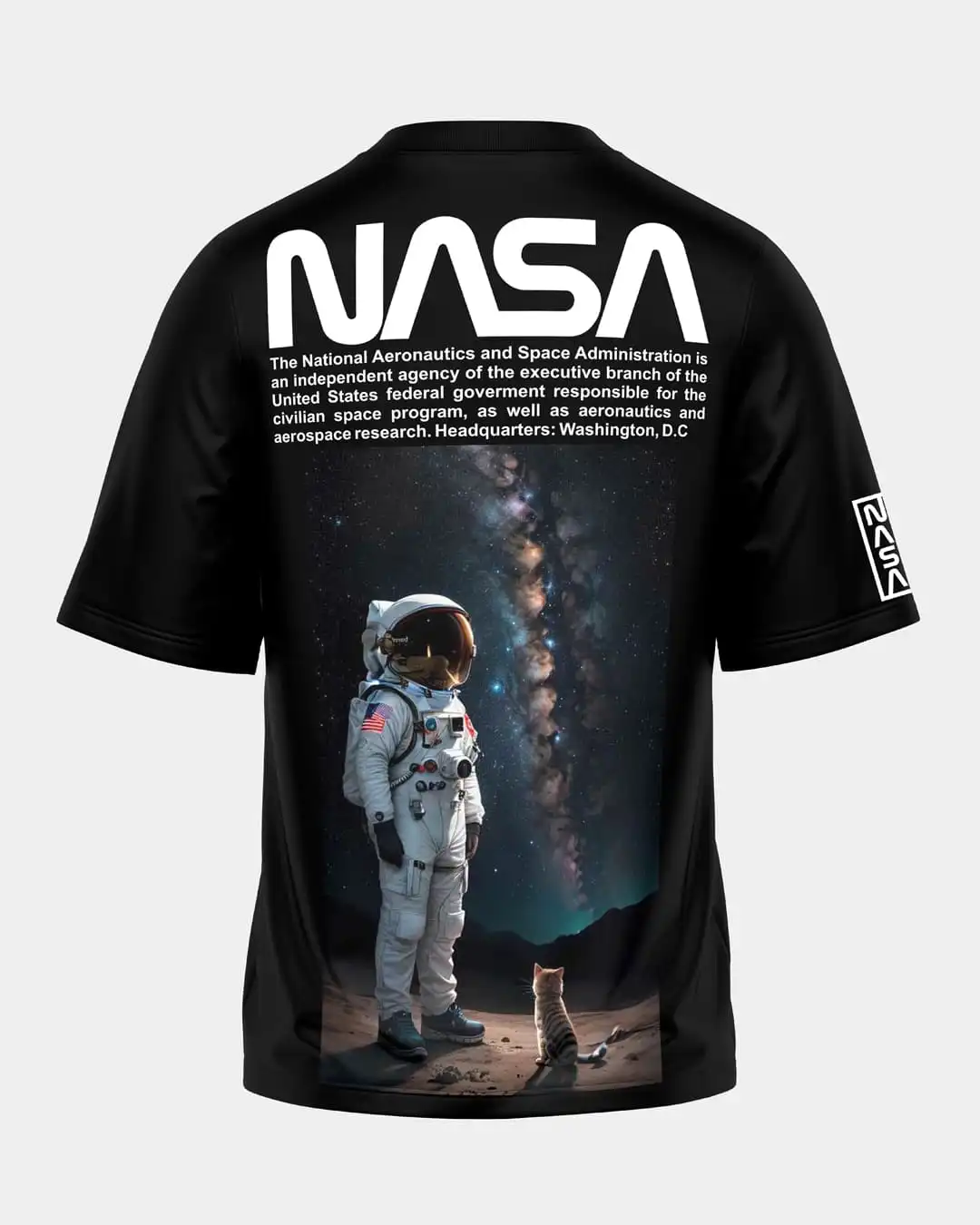 NASA Astronaut and Cat Milky Way Graphic Black T-Shirt