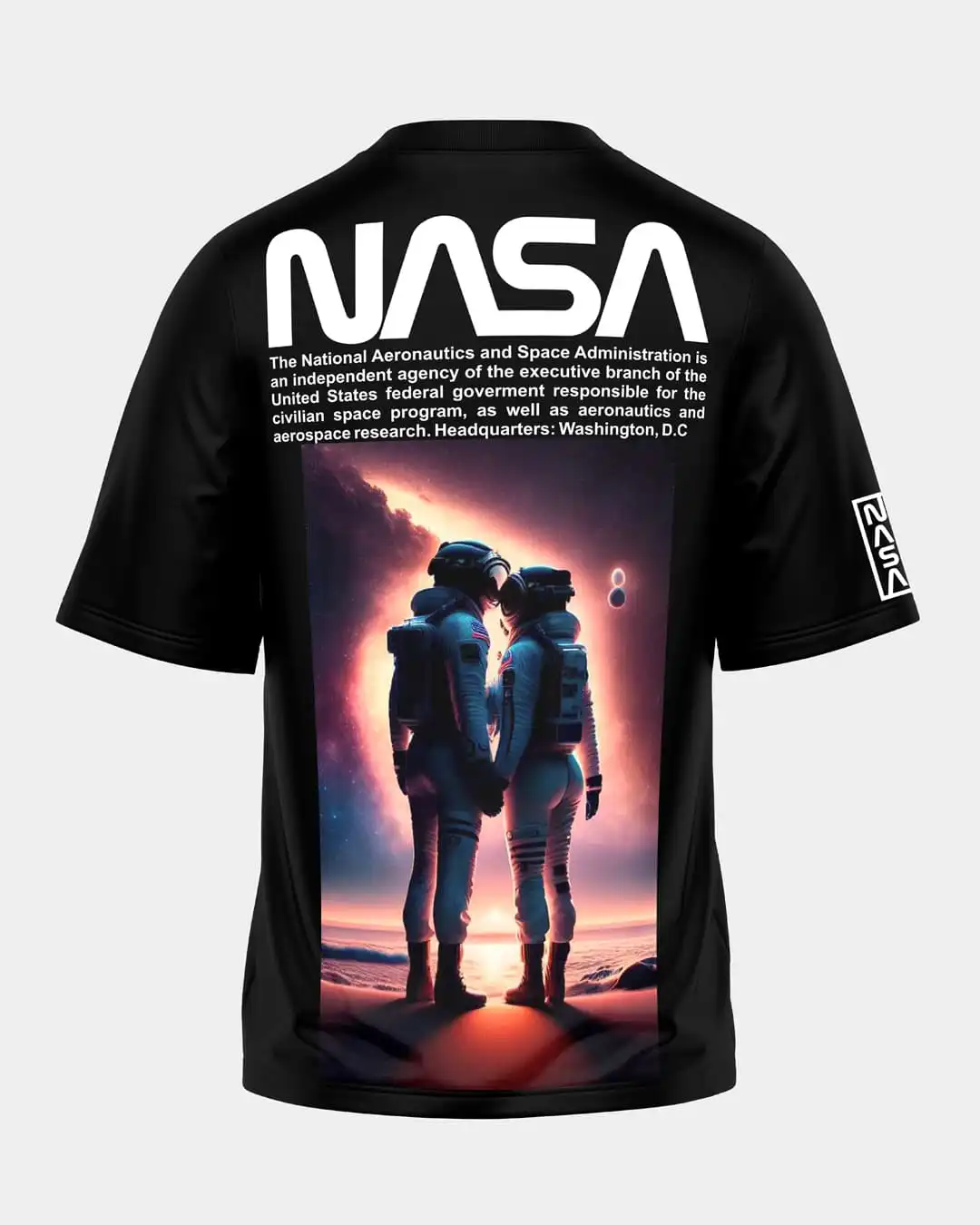 NASA Astronaut Couples Sunset Graphic Black T-Shirt