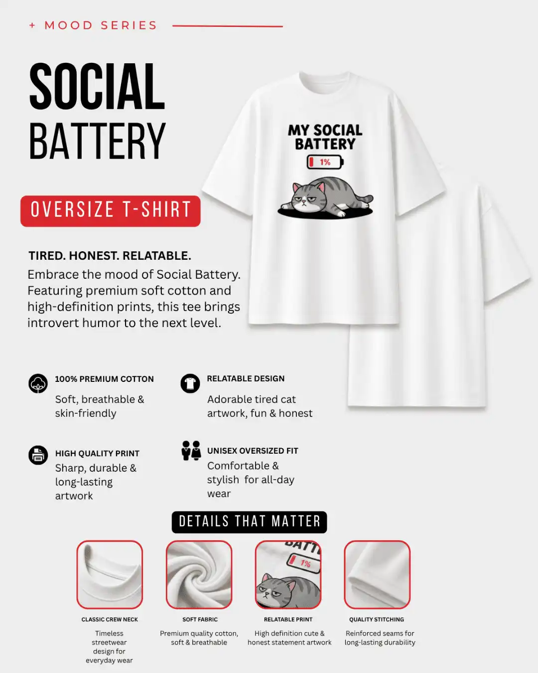 My Social Battery 1% Cute Grumpy Cat Graphic Oversized T-Shirt