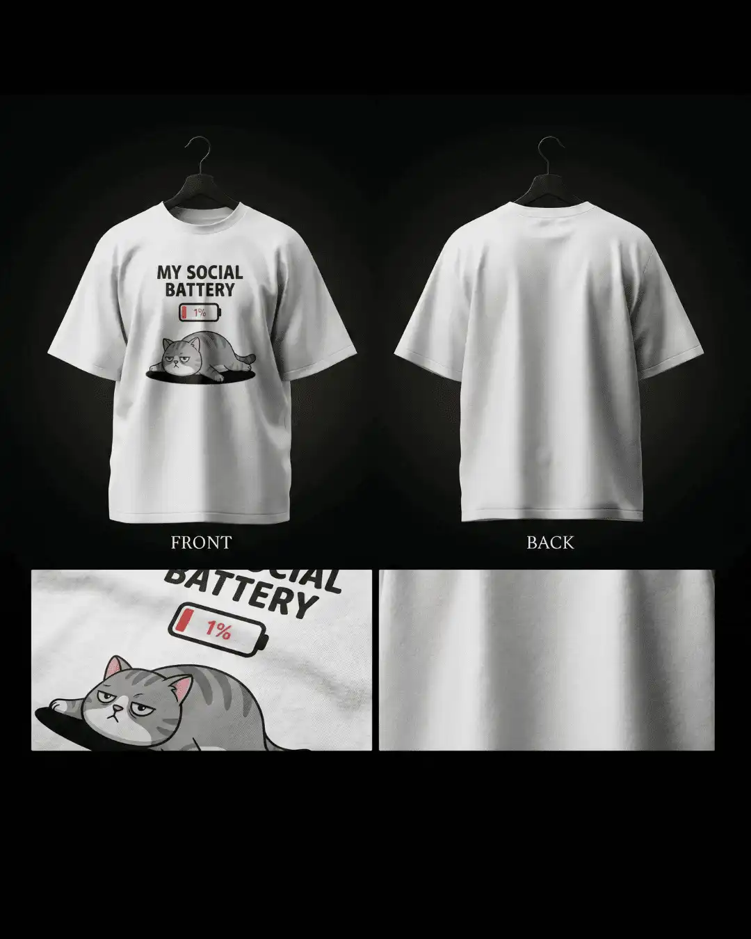 My Social Battery 1% Cute Grumpy Cat Graphic Oversized T-Shirt