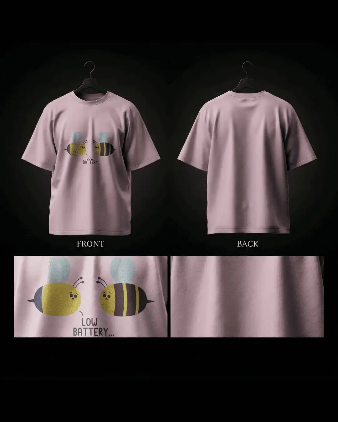 Low Battery Cute Tired Bees Graphic Oversized T-Shirt