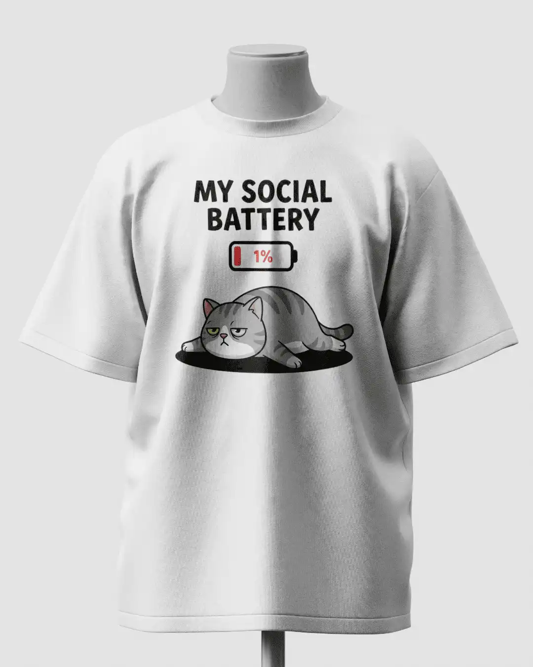 My Social Battery 1% Cute Grumpy Cat Graphic Oversized T-Shirt