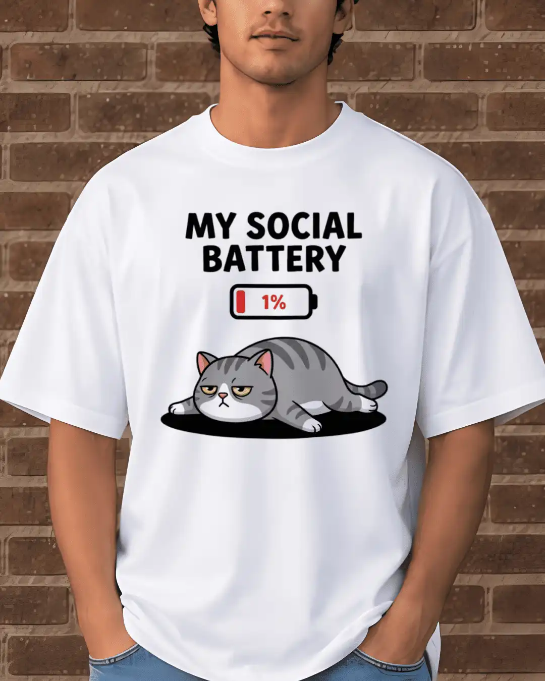 My Social Battery 1% Cute Grumpy Cat Graphic Oversized T-Shirt