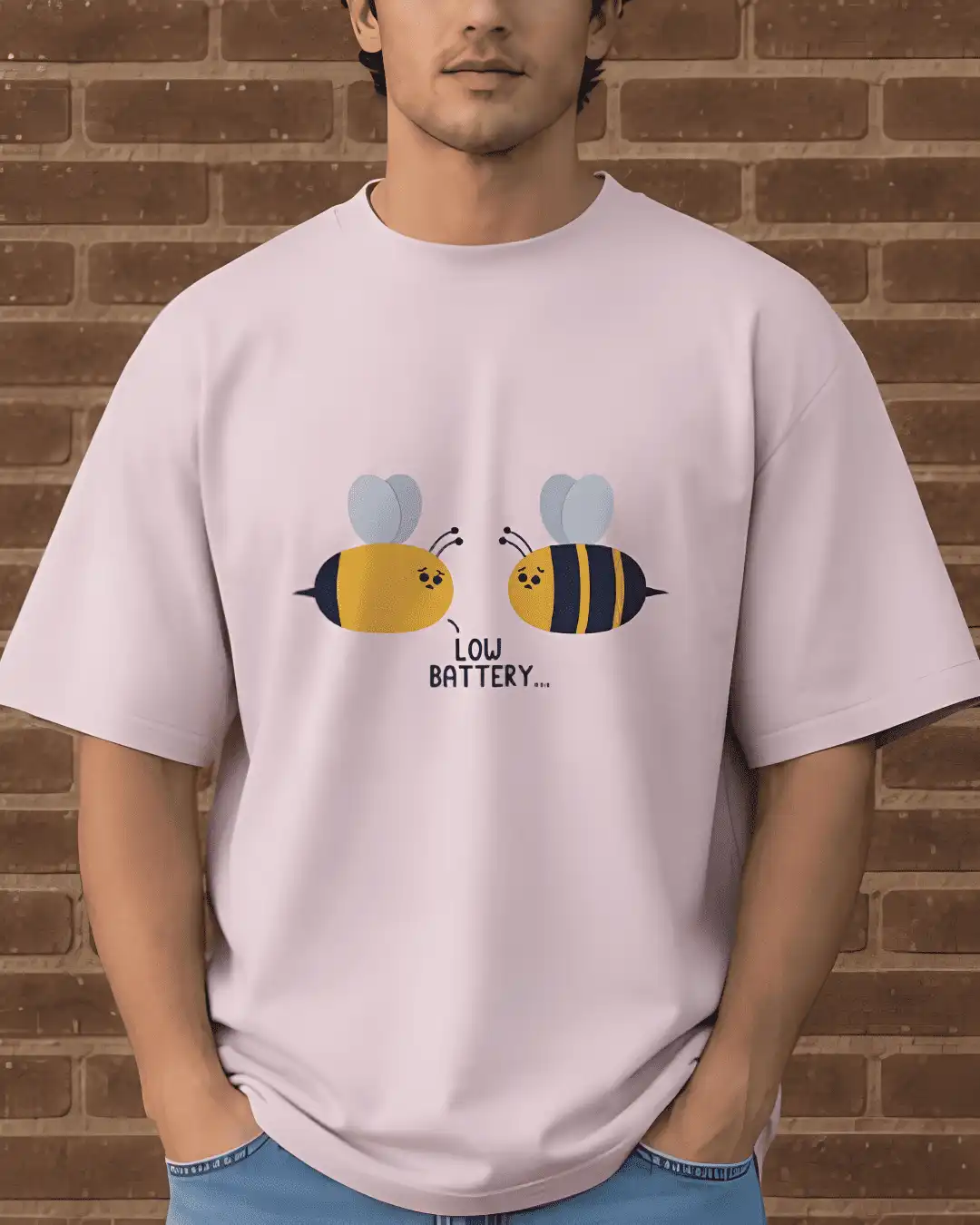 Low Battery Cute Tired Bees Graphic Oversized T-Shirt