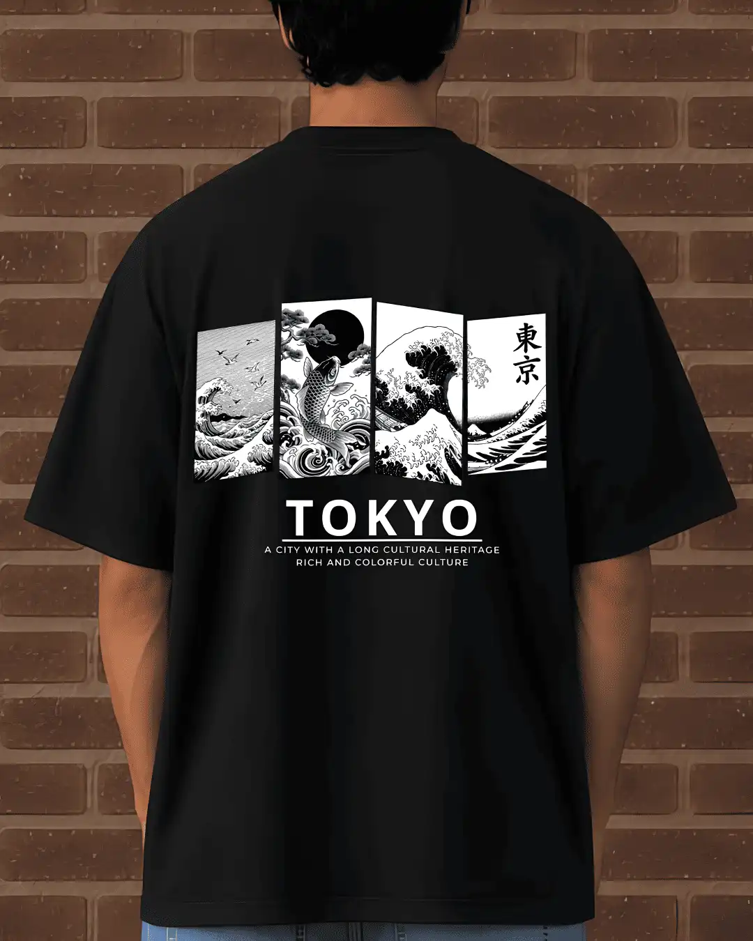 Tokyo Ukiyo-e Hokusai Wave Panel Graphic Oversized T-Shirt