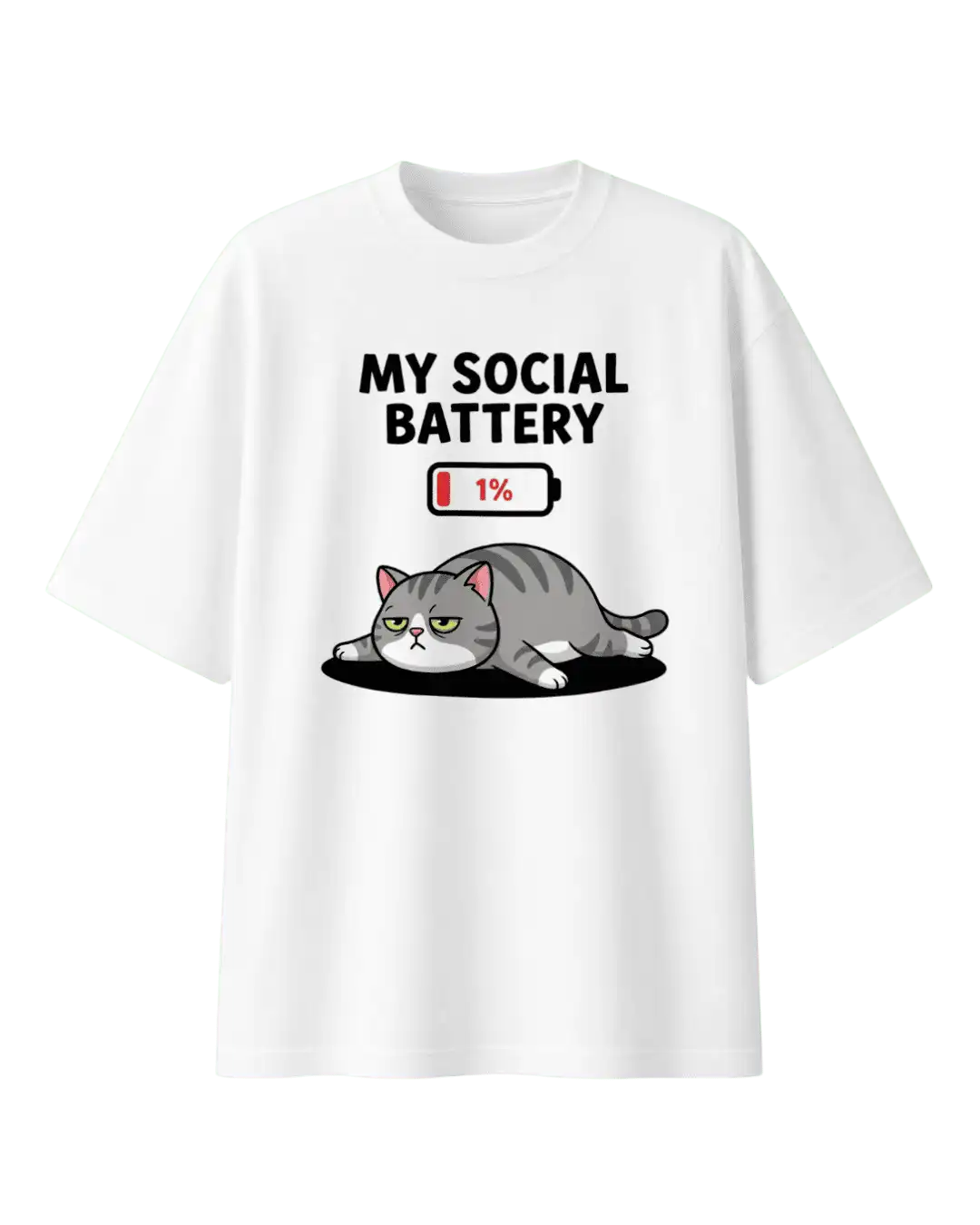 My Social Battery 1% Cute Grumpy Cat Graphic Oversized T-Shirt