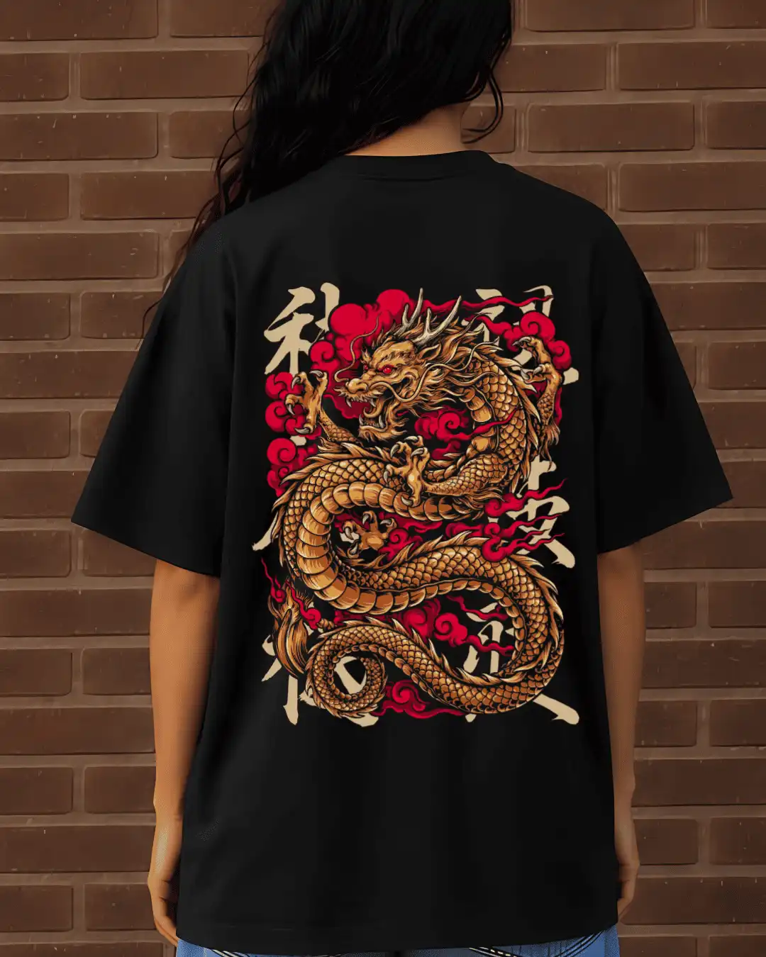 Golden Dragon Oriental Artwork Oversized T-Shirt