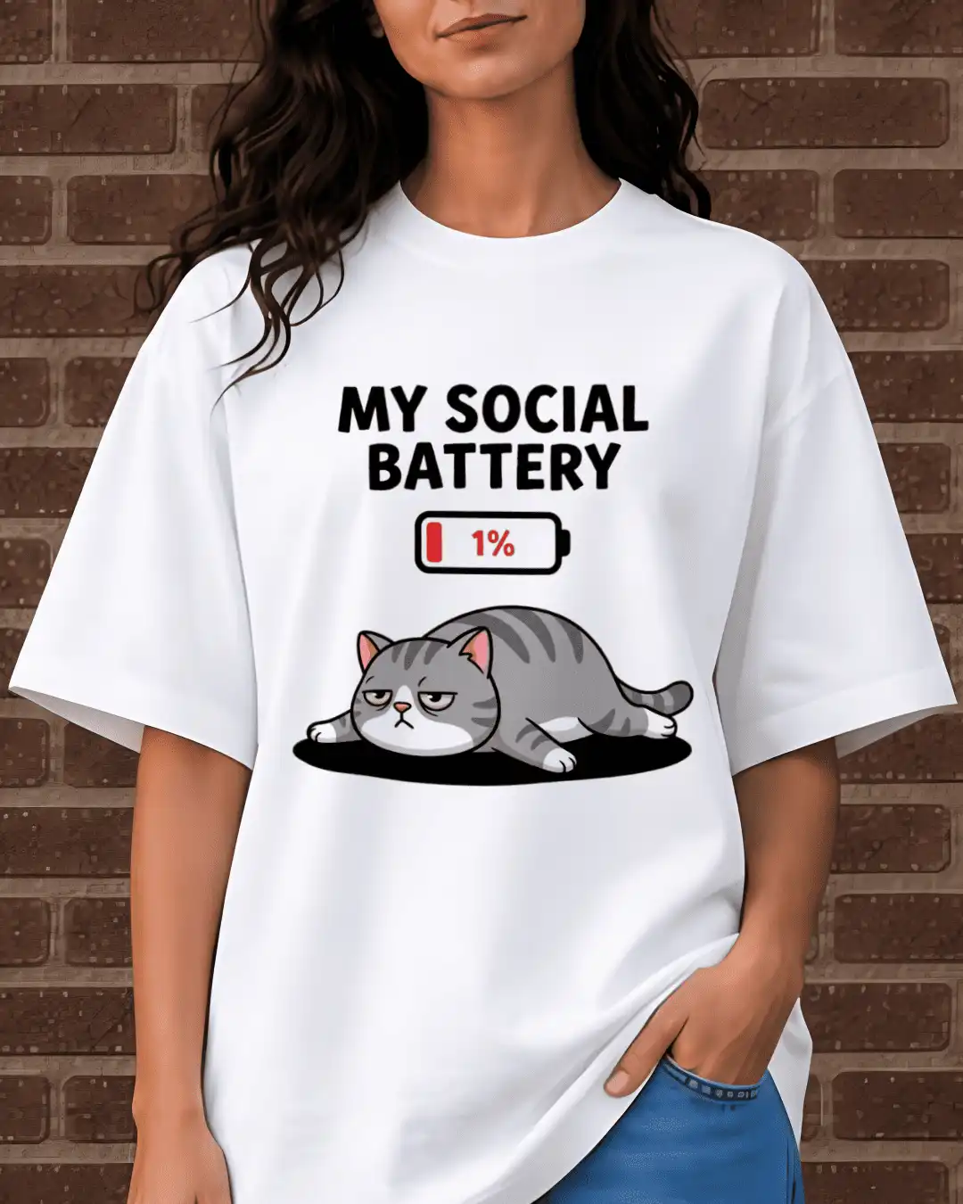 My Social Battery 1% Cute Grumpy Cat Graphic Oversized T-Shirt