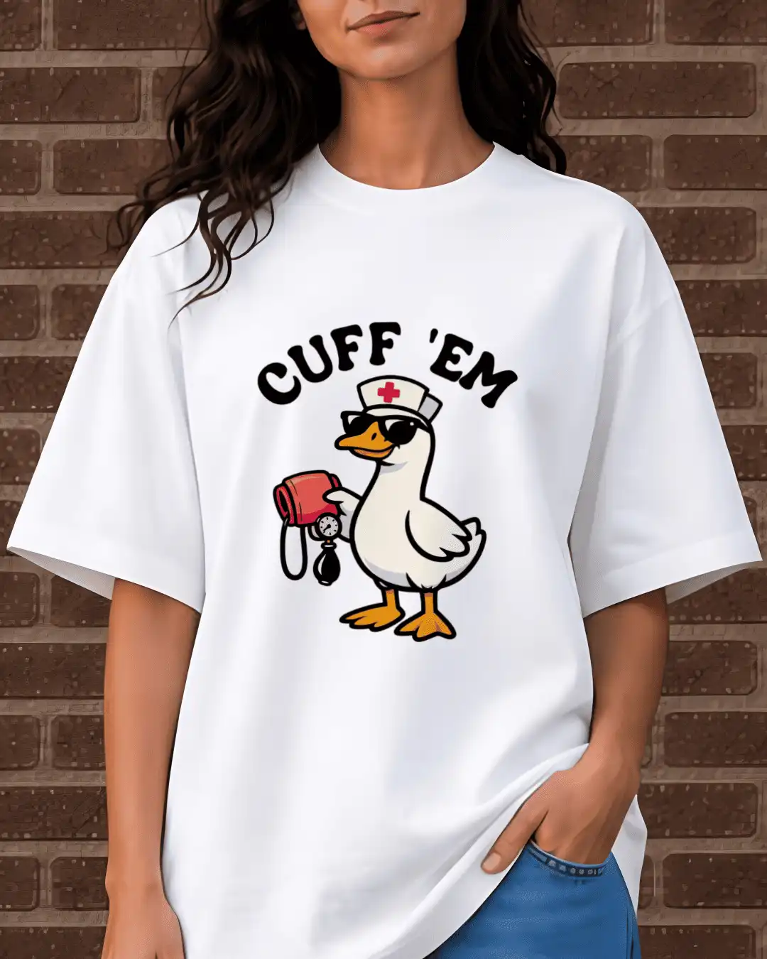 Cuff 'Em Funny Nurse Duck Graphic Oversized T-Shirt
