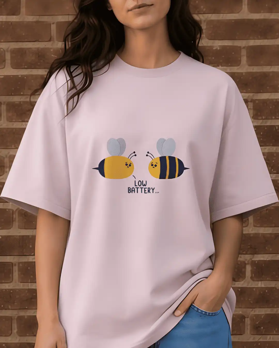 Low Battery Cute Tired Bees Graphic Oversized T-Shirt