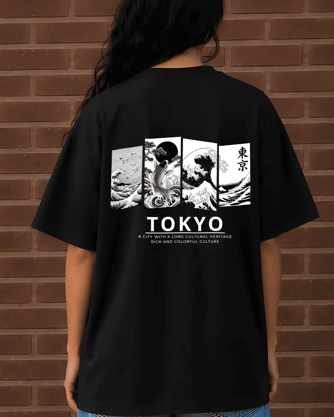 Tokyo Ukiyo-e Hokusai Wave Panel Graphic Oversized T-Shirt