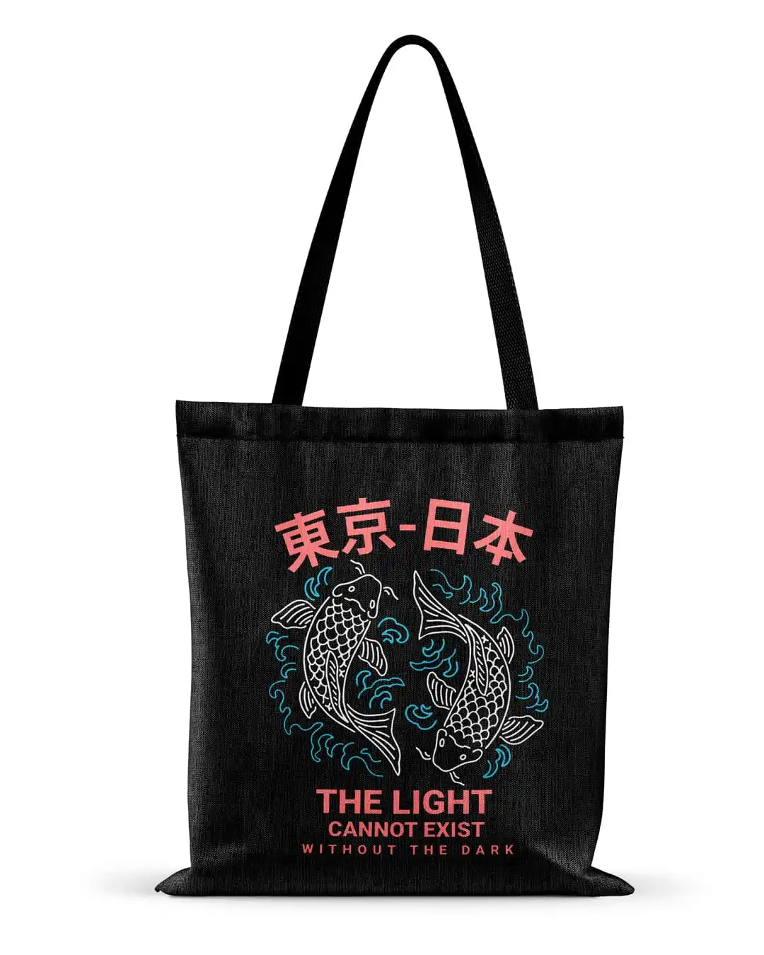 Yin Yang Koi Fish Neo-Tokyo Black Canvas Tote Bag Graphic Shopper