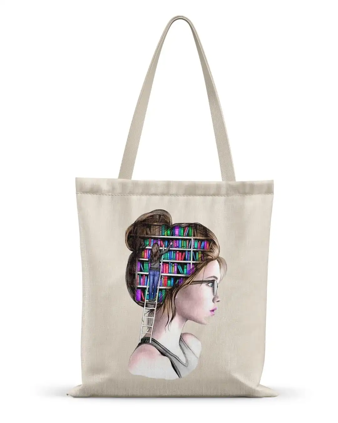Girl Library Hair Surreal Canvas Tote Bag Book Lover Graphic Shopper