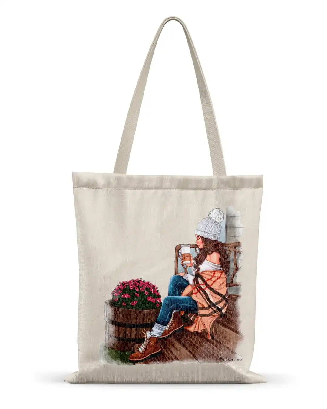 Cozy Autumn Girl Coffee Watercolor Canvas Tote Bag Fashion Shopper